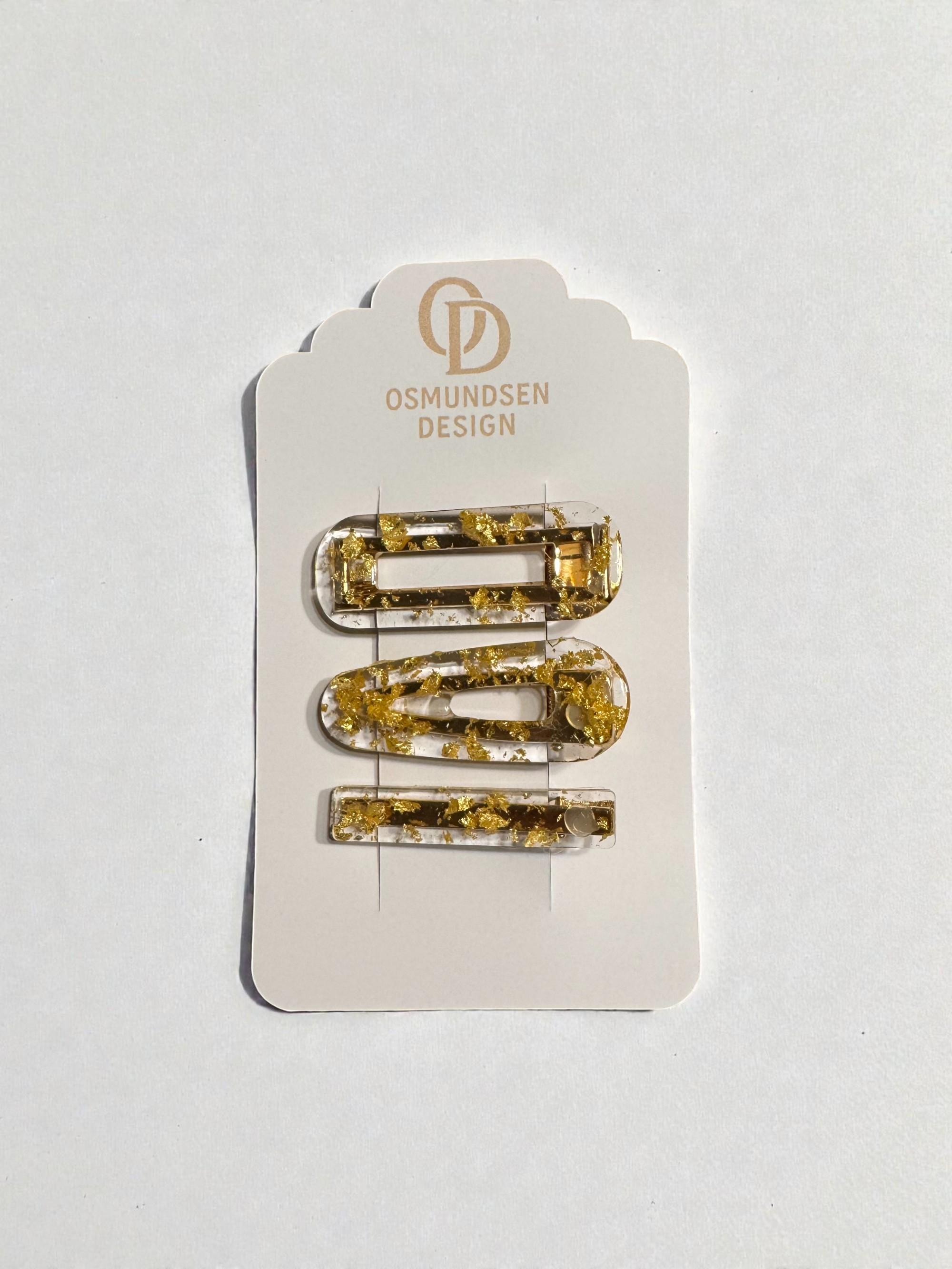 Hårspenner gjennomsiktig/gullflak - sett med 3 stk